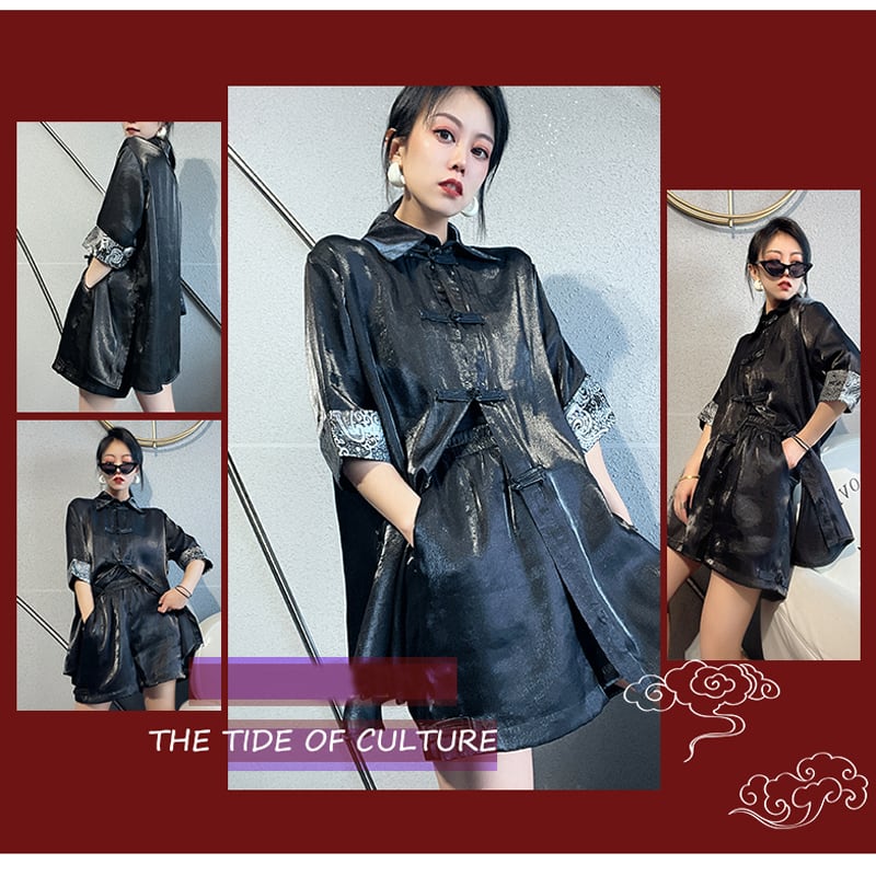 [East House Series] ★Chinese style setup★ Tops + shorts 2-piece set Black Black Chinese clothing fashion