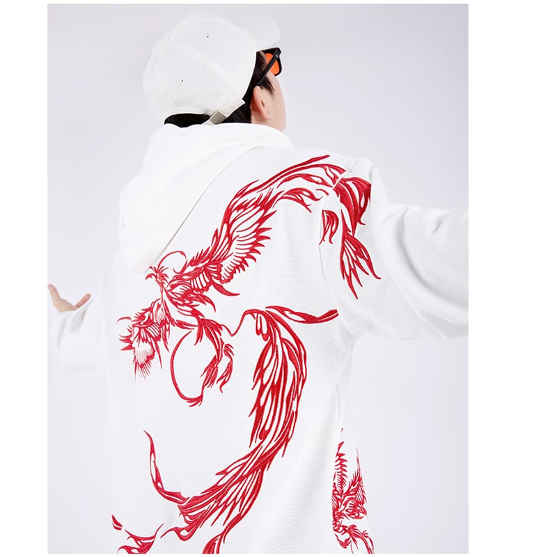 [Machiha clan series]★China style hoodie★ 2color black or white gold phoenix red phoenix embroidery stylish unique unisex men's