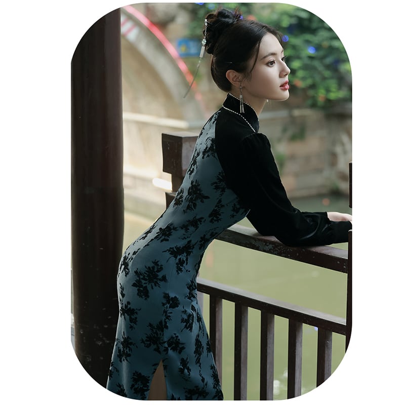 [RUYUN Series] ★Cheongsam Dress★ 2color Switching Velvet Temperament Enhancement Floral Pattern Chinese Style Dress