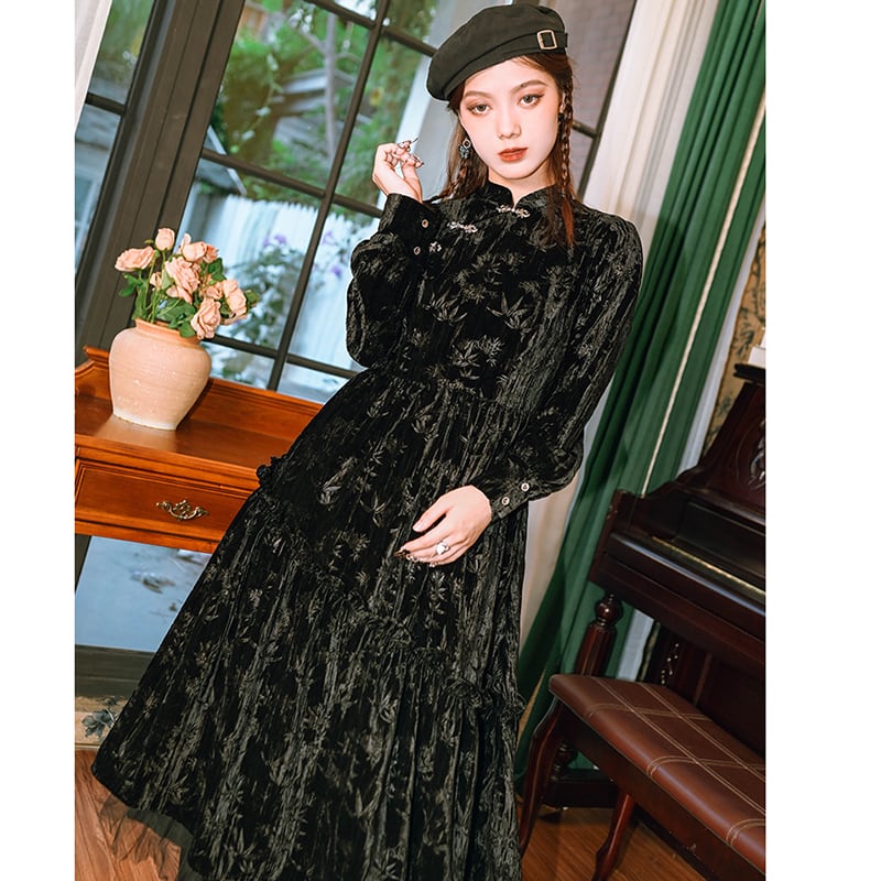 [Kokaisha --- Chichiku Series] ★China style dress★ Velvet thick black black long length