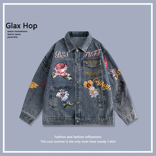 [Satoru Series]★Jacket★ Denim jacket outerwear unisex men's floral pattern butterfly alphabet fashion