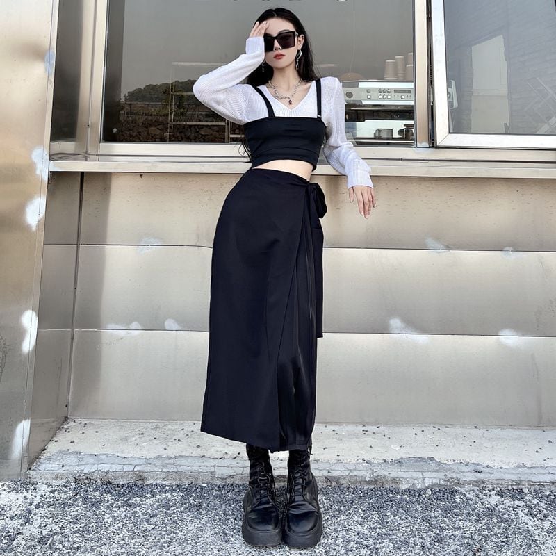 [Modern People Series]★Culotte Skirt★ Fake Layered Harajuku Style Plain Black Black SM Fashion