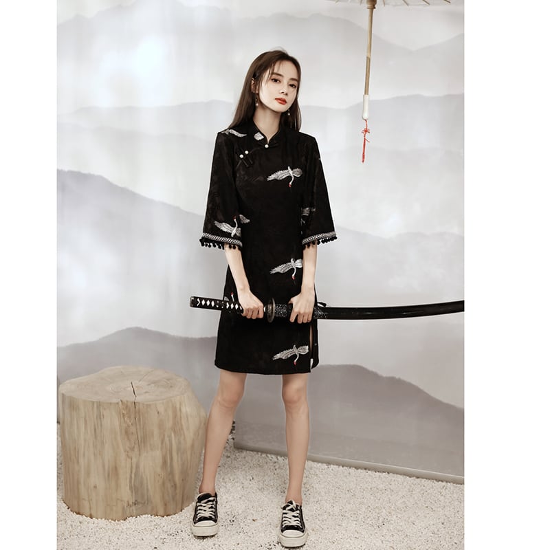 [YUEQIAO Series]★China Dress★ 2color Short Length Chinese Style Dress Crane Lace Chinese Clothes Black Black