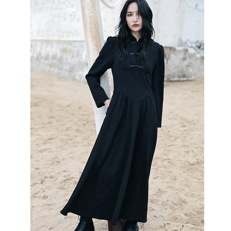 [Da Qinglong Shu Series] ★Chinese style dress★ Long length Chinese clothing Original Black Black Improves your temperament