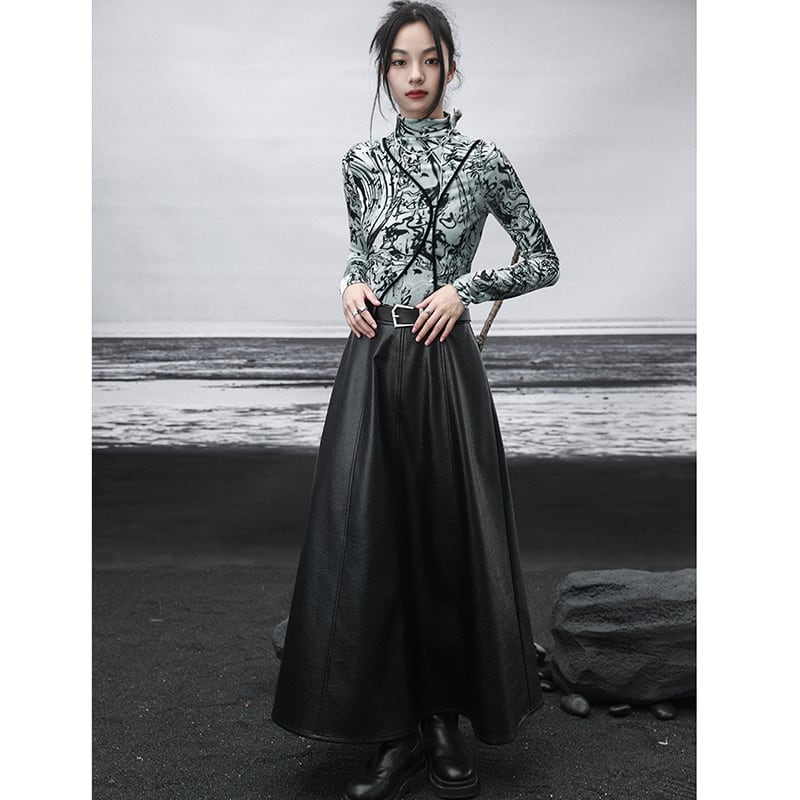 [Daiseiryusu Series]★Skirt★ PU Bottoms Long Length Plain High Waist Black Easy to match