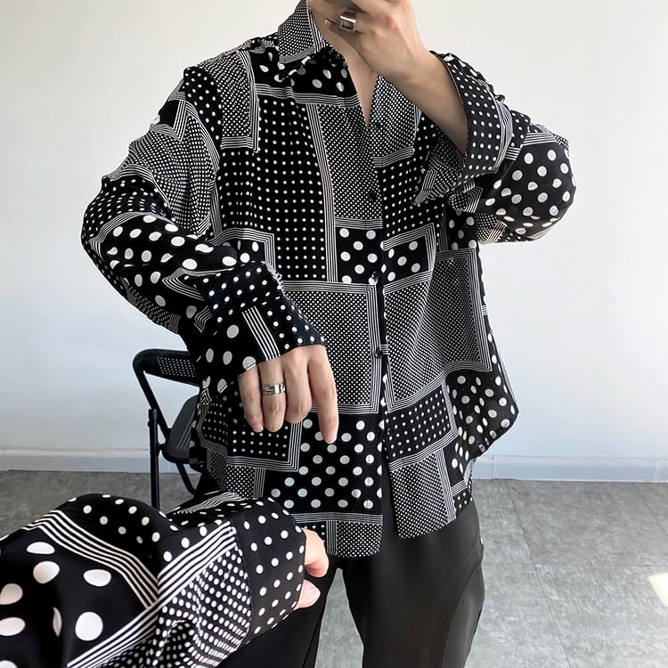 [ZHUIYI Series]★Shirt★ Tops, long sleeve shirt, plaid pattern, dot pattern, unisex, men's, thin, cool, black, black