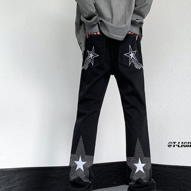 [CHAOMEICHEN Series]★Denim Pants★ 2color Bottoms Pants Unisex Men's Large Size Star Black Blue