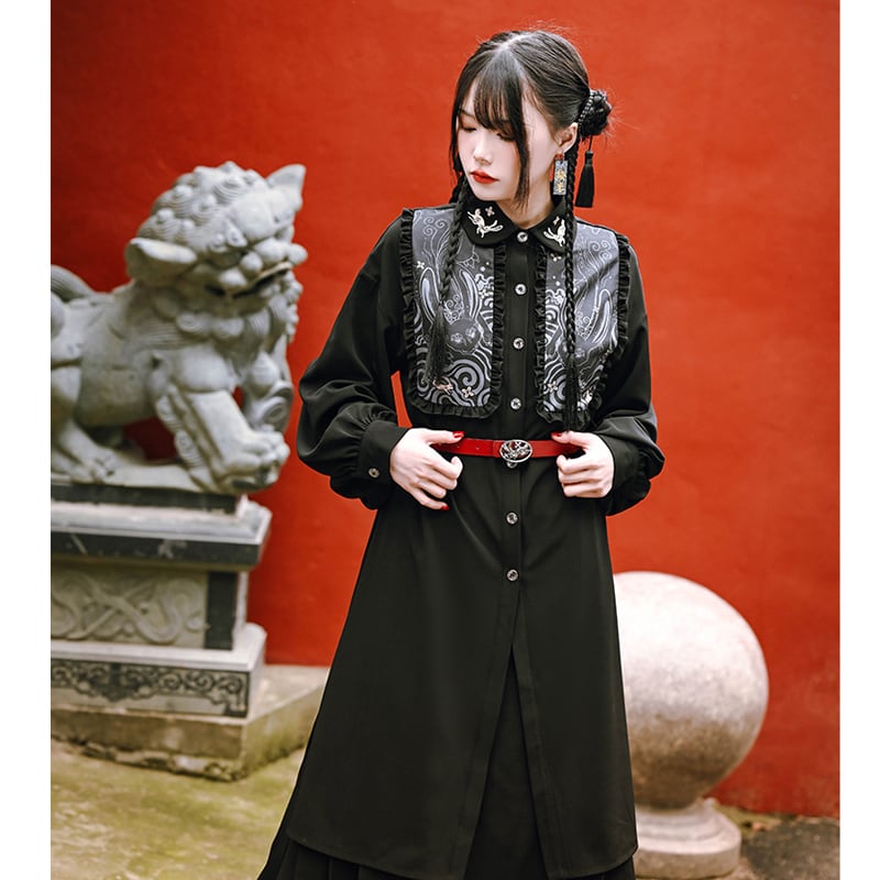 [Old Monster --- Rabbit Series] ★China style shirt★ Long shirt embroidery rabbit rabbit black black