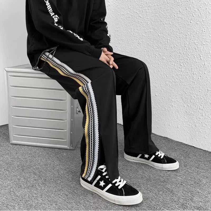 [Leonbinno Series] ★Pants★ Newly added brushed lining type Casual pants Slit Vertical stripes Striped pattern Black Black ML XL 2XL