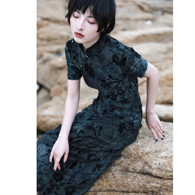 [Da Qinglong Shu Series] ★China style dress★ Improved cheongsam dress, sexy velvet, long length, improves temperament, photo shoot, party