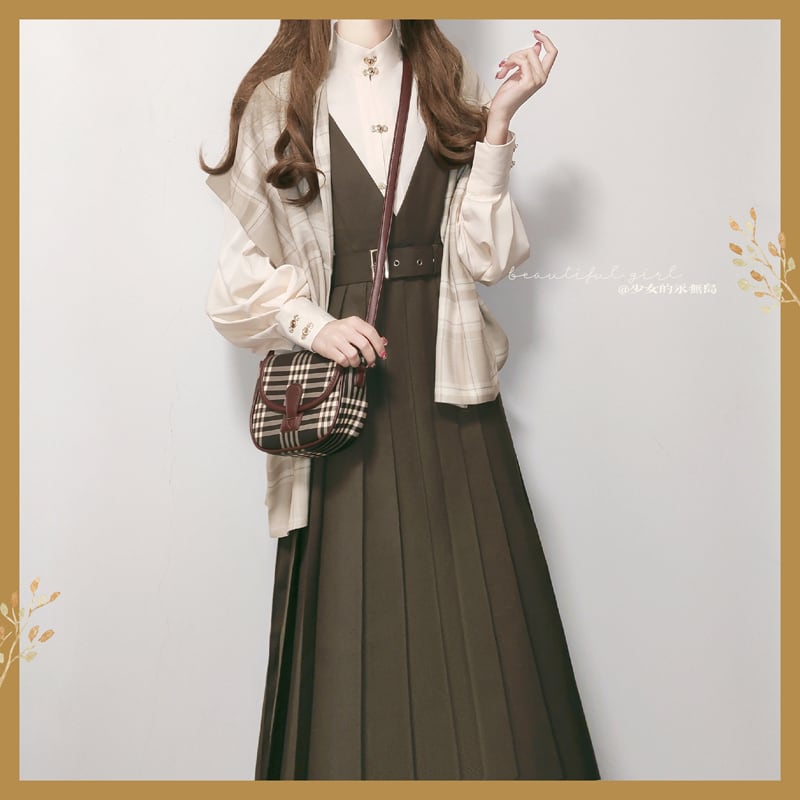 [Dusty clouds dream---Hikisoushi series] ★Sleeveless dress★ Easy to match pleated skirt coffee color retro SML