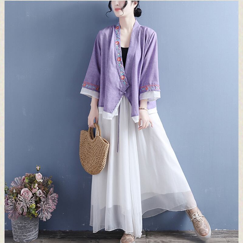 [Qing Series]★China style shirt★ Tops 5 colors White Pink Blue Purple Blue Green V-neck Embroidery Three-quarter sleeves