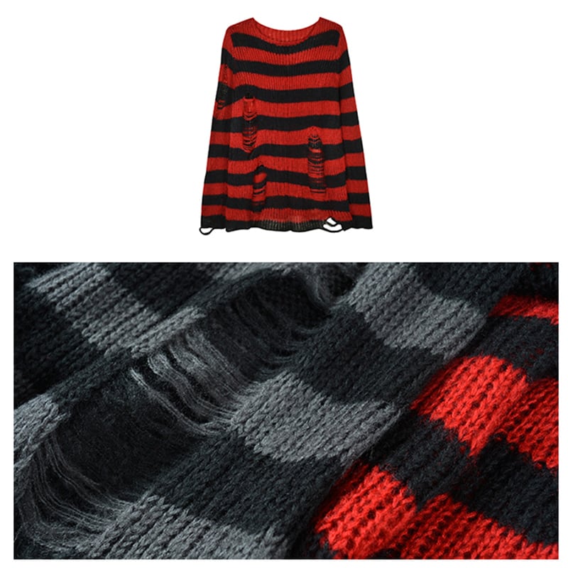 [LadyGhost Series]★Sweater★ 2color Tops Horizontal stripes Striped pattern Distressed Red Black Red Black