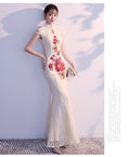 Load image into Gallery viewer, Chinese dress, party dress, dress, Chinese style clothing, girls' night out, reunion, stand neck, short sleeve, long length, maxi length, elegant, slimming, cute, large size, SML, XL, 2XL, improved Chinese dress, mermaid line, lace
