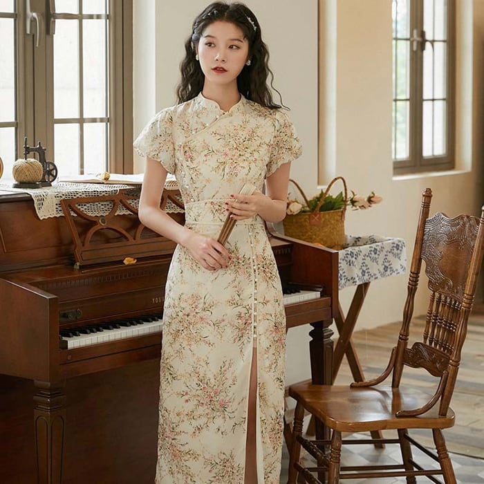 Chinese Style Dress Long Dress Chiffon Slit Embroidery XS SML Improved Tang Suit Girls' Party Alumni Party