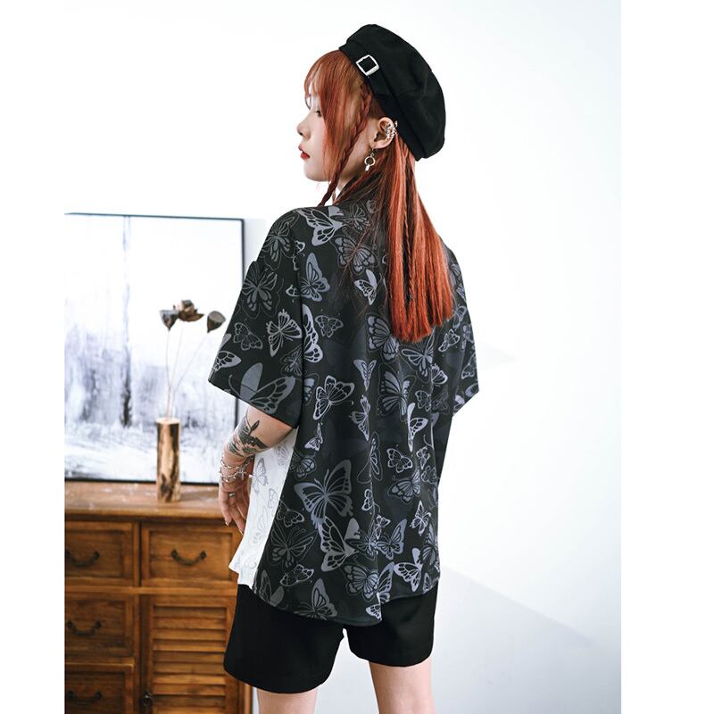 [Ancient monster house --- Butterfly series]★China style shirt★ Tops short sleeve shirt black black butterfly print color scheme