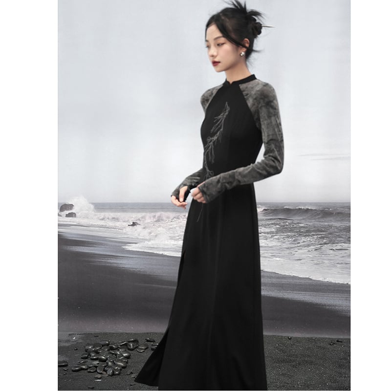 [Da Qinglong Shu Series] ★China-style dress★ Improved cheongsam dress, long sleeve, retro, long length, original, slimming fit