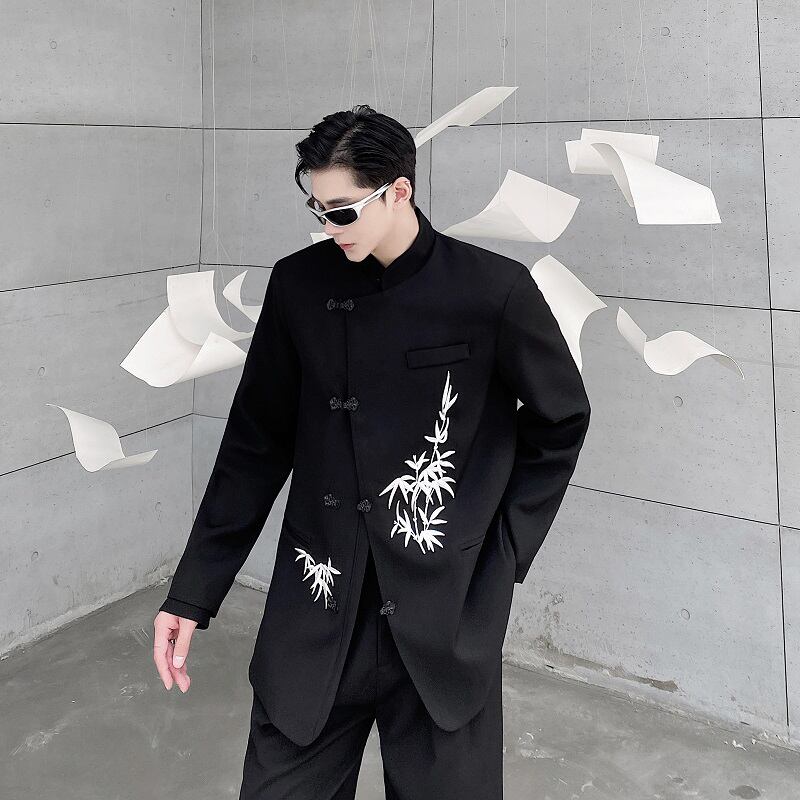 [Illustrated series] ★China style blazer★ Outerwear bamboo unisex men's black black ML XL print