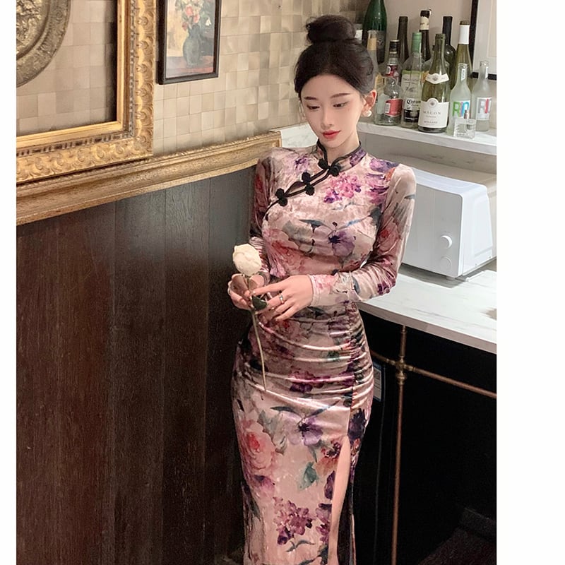 [Hundred Minute Eight Series] ★Floral pattern cheongsam★ Velvet, slimming, sexy, SML, easy to match, improves your temperament