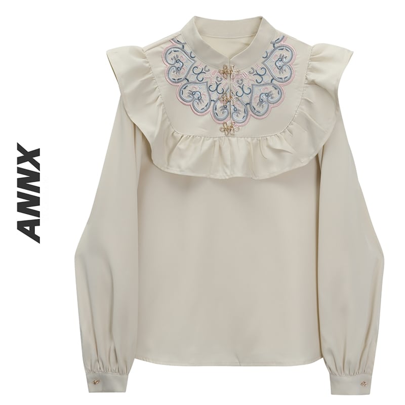 [ANNXstudio series] ★China style tops★ Long sleeve shirt, tops, embroidery, improves temperament, cute