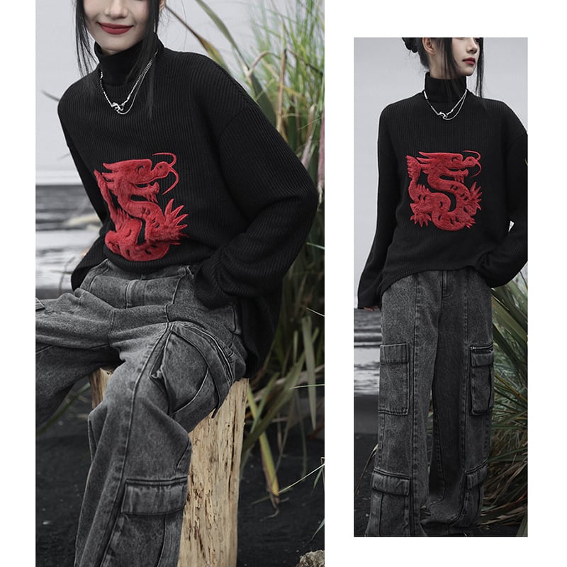 [Big Blue Dragon Series] ★Chinese style sweater★ Knit tops Dragon crest Chinese clothing Black Black Irregular