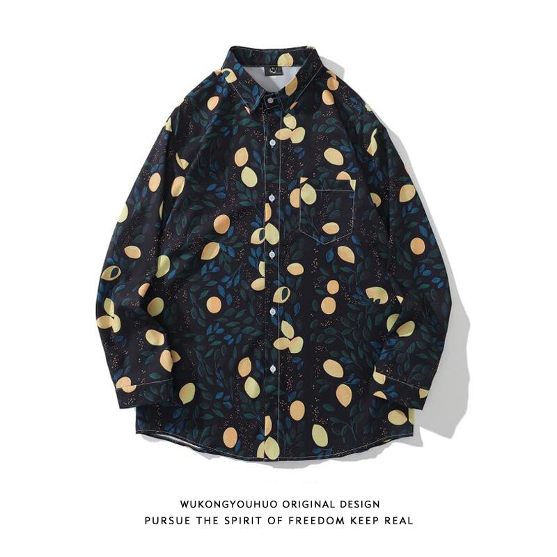 [TRAVEL ISSUANCE Series] ★Long Sleeve Shirt★ Floral Shirt Tops Print Black Blue Yellow Leaves ML XL 2XL Unisex Men's