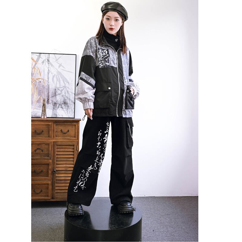 [Old Monster---Preface Series]★China style pants★Bottoms Gaucho pants Text pattern Black Black