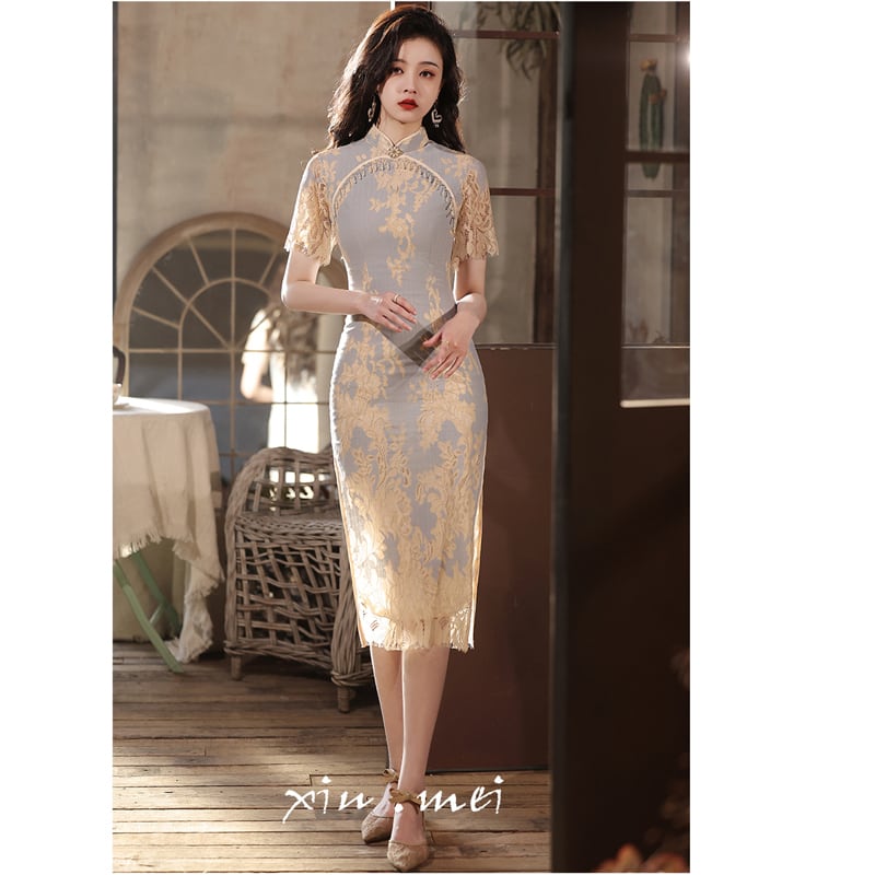 [XIUMEI Series]★China Dress★ Lace Dress, Short Sleeve, Long Length, Chinese Clothes, Short Sleeve, Sexy, Party, Wedding