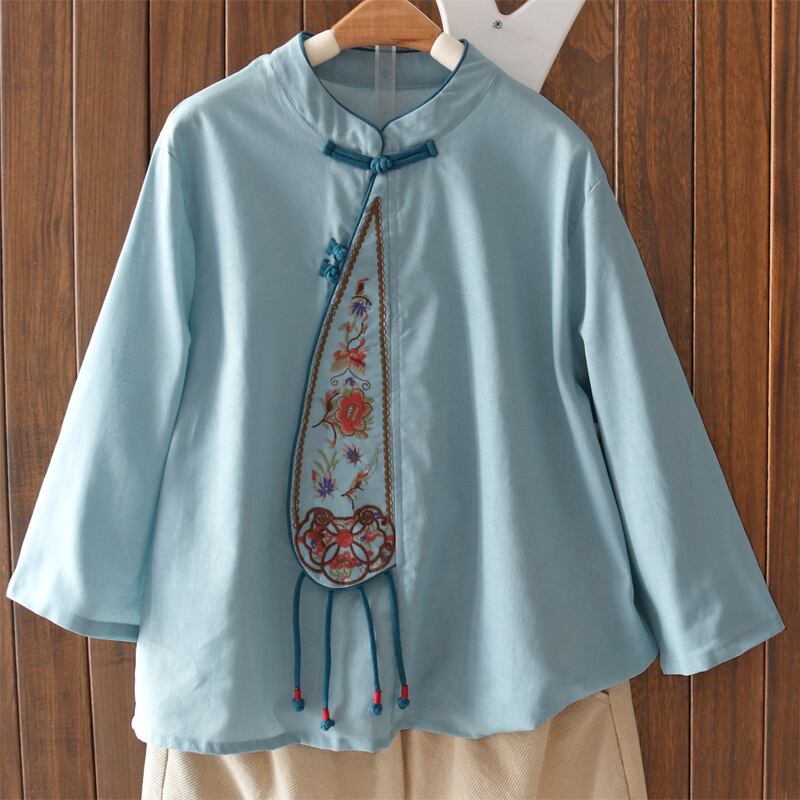 [Qing series]★China style tops★ 3color summer clothes embroidery shirt white blue yellow white blue yellow