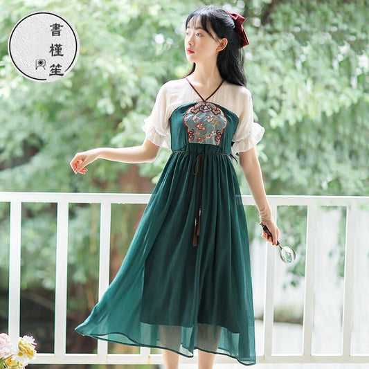 [Shogunsho series]★Hanfu dress★ Embroidery Casual wear Chiffon V-neck Green Green Coming-of-age ceremony SML XL Green Green