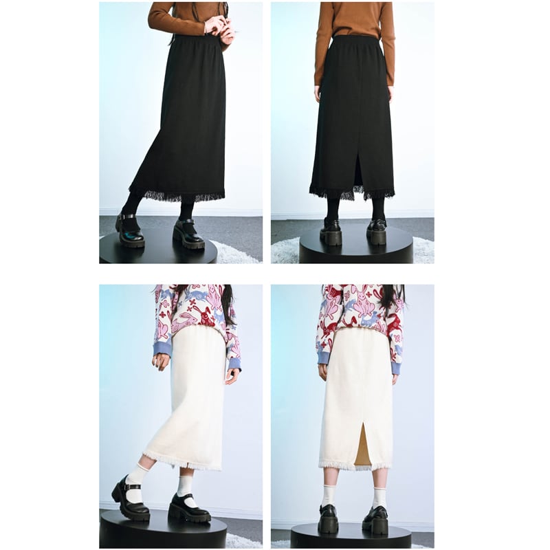 [Old Monster---Black White Reiki Series] ★Knit Skirt★ 2color Bottoms Fringe Black White White Black