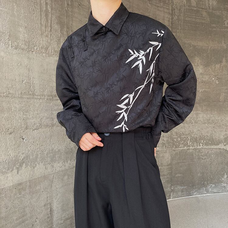 [Illustrated series] ★China style shirt★ 2color tops embroidery bamboo unisex men's black apricot