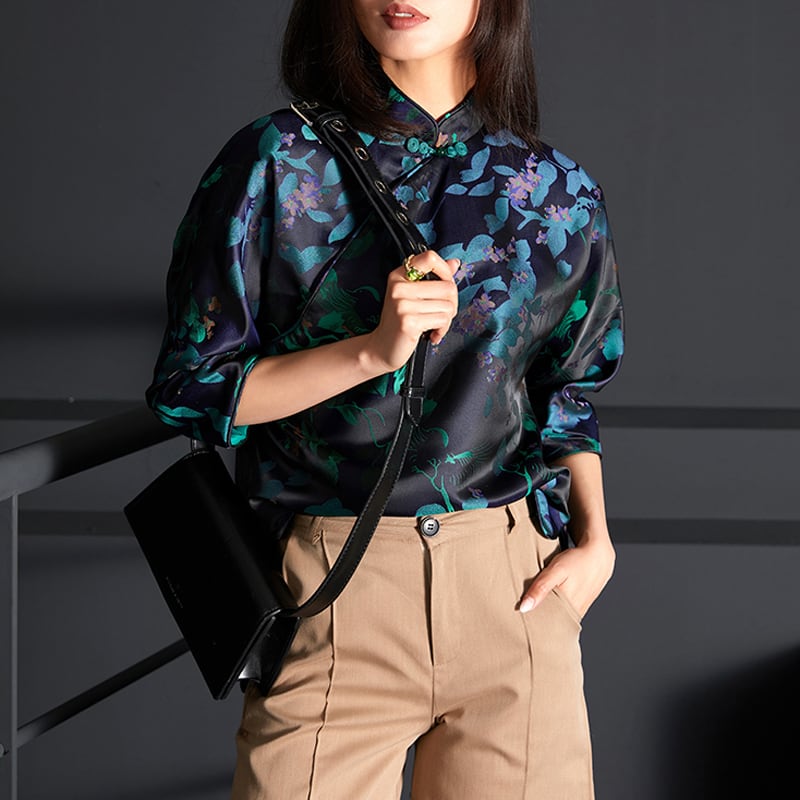 [Furo FRONT Series] ★Chinese style tops★ Shirt Original Floral pattern tops Improves temperament Blue Blue SML