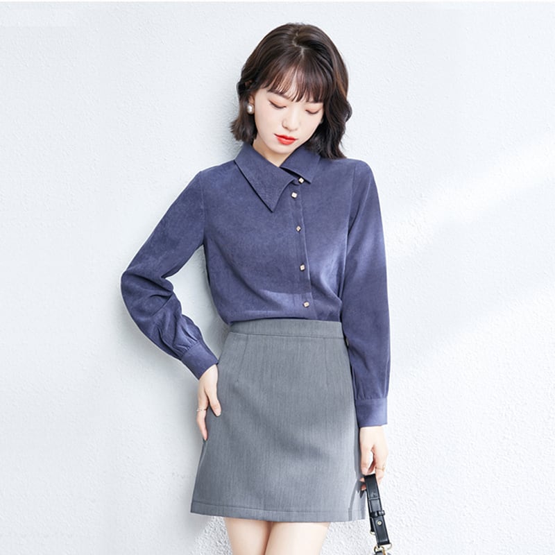 [AISHUMA Series]★Shirt★ Tops Ladies Corduroy Temperament Enhancement Spring Autumn Blue Blue