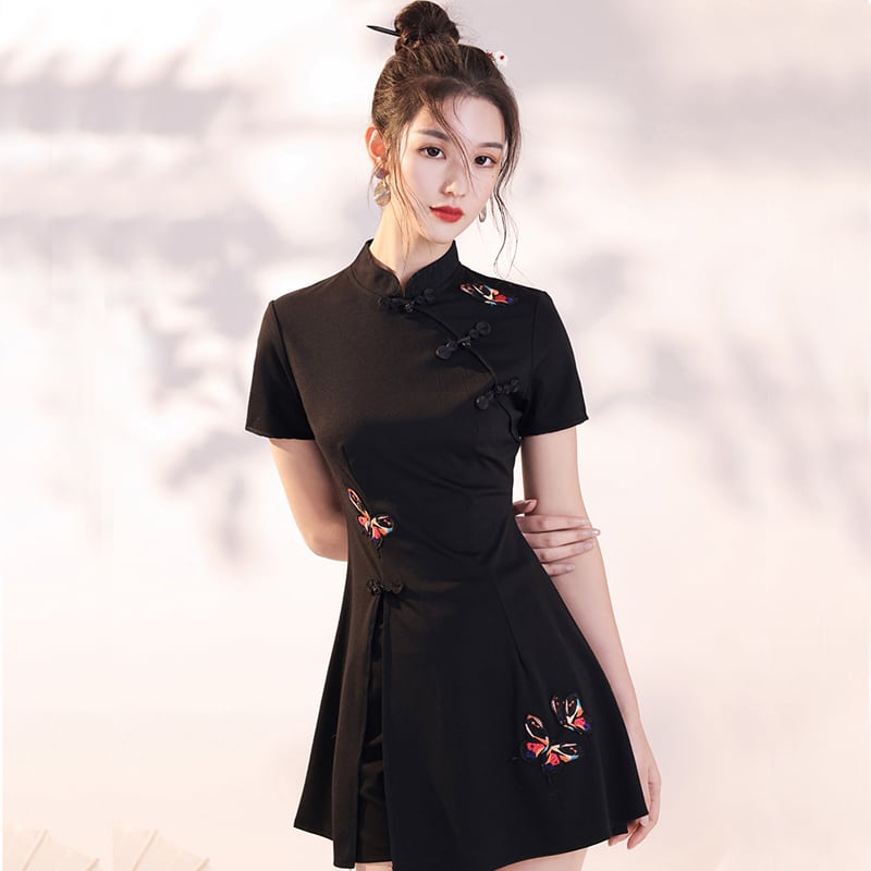 [Taibi Shiba Series]★China style setup★Cheongsam dress + shorts 2-piece set Butterfly Black Black