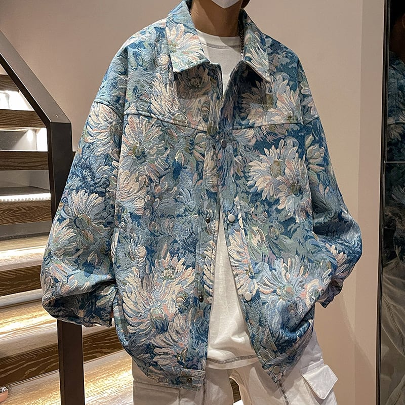 [KADISHOU Series] ★Jacket★ Outerwear 2color Oil Painting Style Floral Pattern Unisex Men's Large Size Blue Green