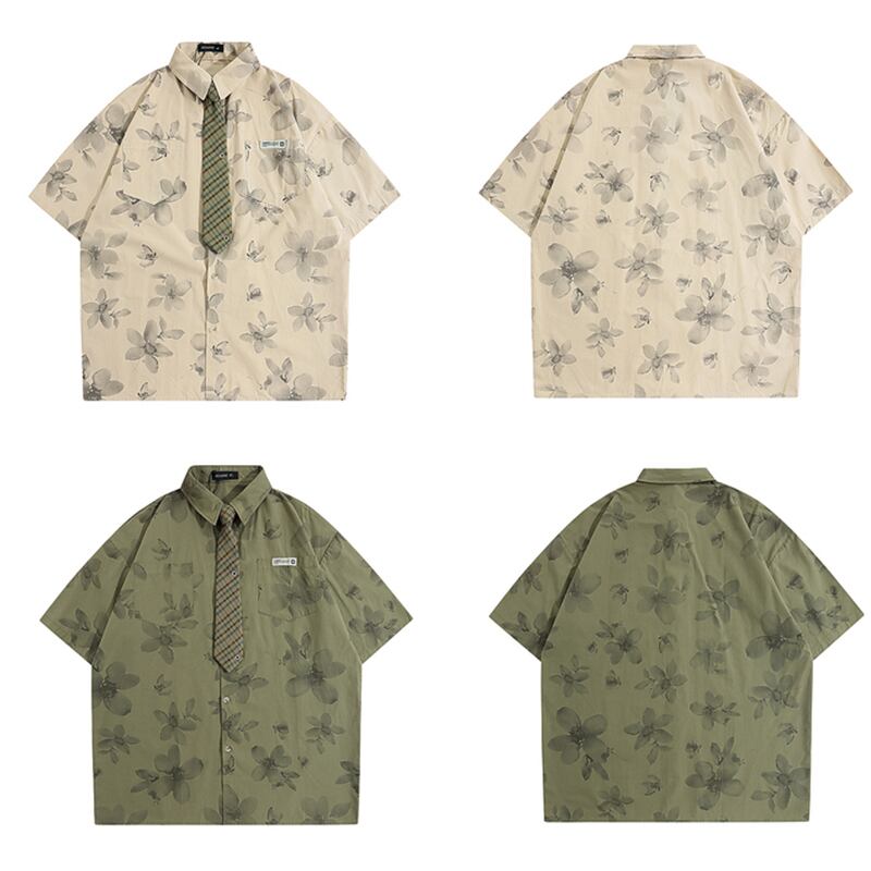 [HTTAOSUP Series]★Shirt with tie★ 3color tops, short sleeve shirt, floral pattern shirt, unisex, men's brown, green, beige