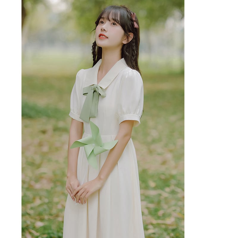 [Han Xuanwei Series] ★One Piece★ 2color Simple Cute Date Ribbon Beige Easy to Match Short Sleeve Dress