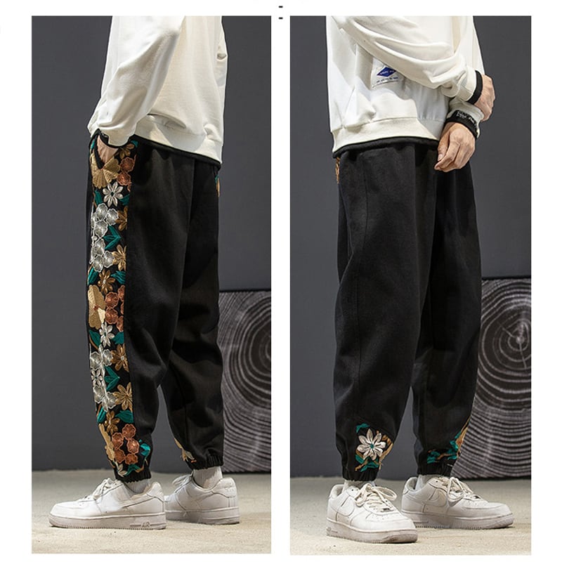 [Small trouble series] ★ Chinese style pants ★ Casual pants 4 colors Black or beige Embroidery Floral pattern Unisex Large size