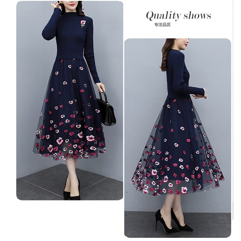 [Ebi Kei Series] ★One piece★ Stretchy knit dress Embroidery dress Floral pattern Elegant Blue Blue