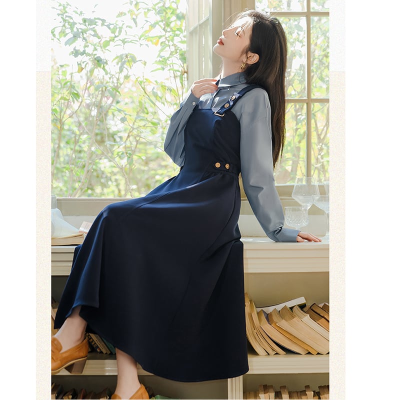 [Rinroki Series]★Setup★ 2-piece set Hanging dress + shirt Women's Blue Blue Commuting Date