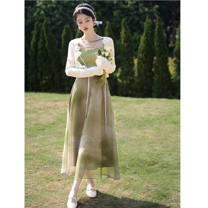 [Az Suna Series]★Setup★ Thin outerwear + hanging dress, Republic style, Green, Improves temperament, Wedding