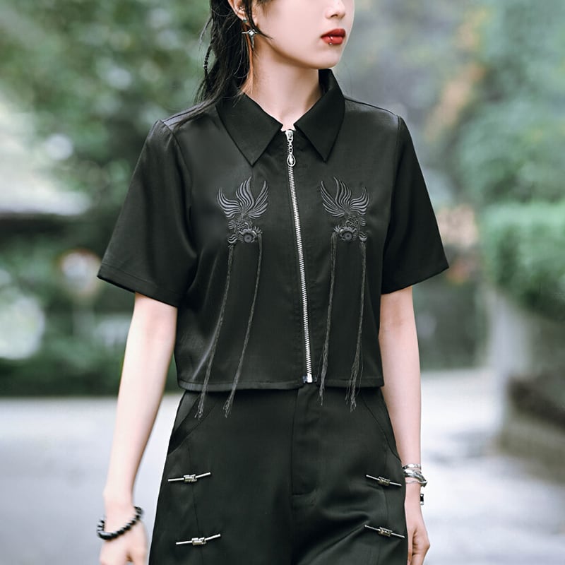 [Kokaisha --- Return Series] ★China style tops★ Shirt 2color short length black black embroidery short sleeve