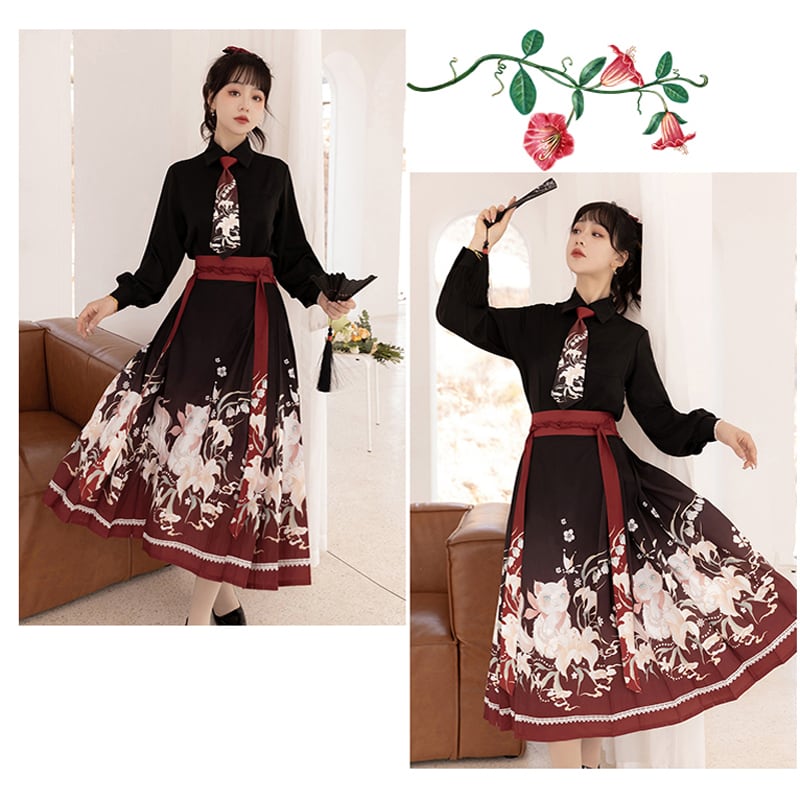 [Kaedetake --- Suzuran series] ★Chinese style setup★ 3color 3-piece set Shirt + tie + Maki skirt Chinese clothes