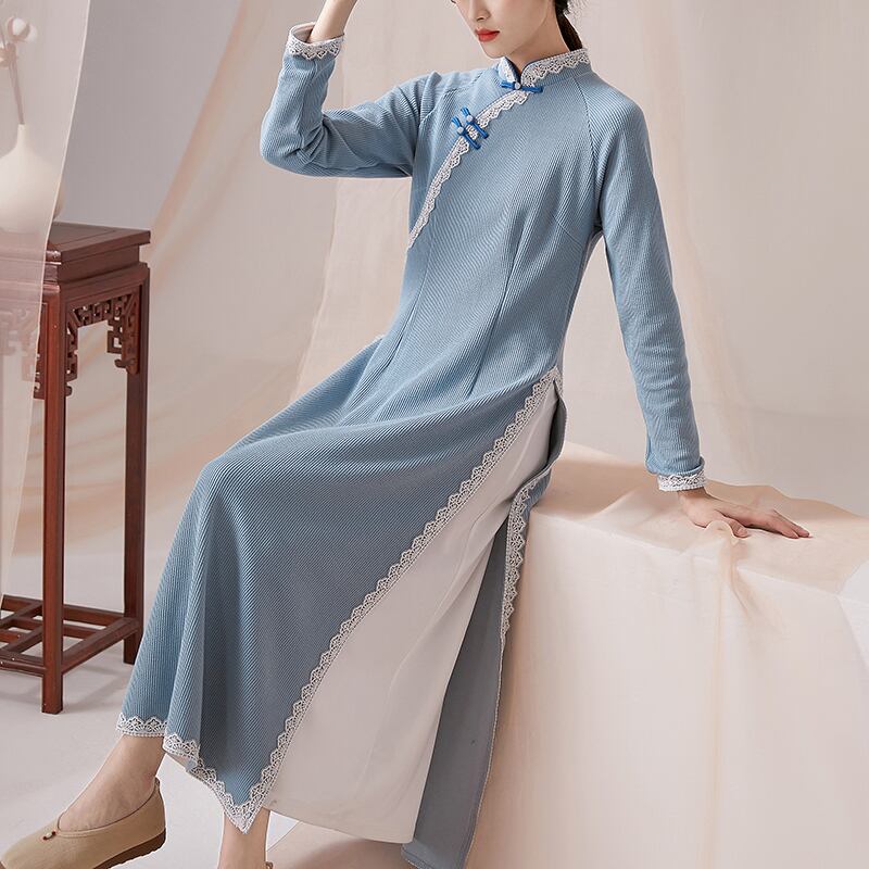 [Kokage Zen Clothes Series] ★Chinese style dress★ Thick improved Tang dress fake layered Blue Blue SML XL Ethnic style