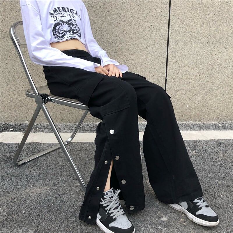 [Miyakoya Series]★Casual Pants★ Pants Bottoms Unisex Men's Black High Waist Slit Slimming Wear