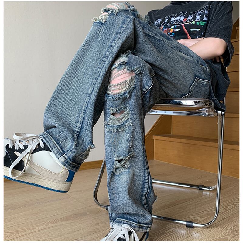 [BIGEMAN Series]★Denim pants★Bottoms Pants Unisex Men's Distressed Stylish Blue Blue