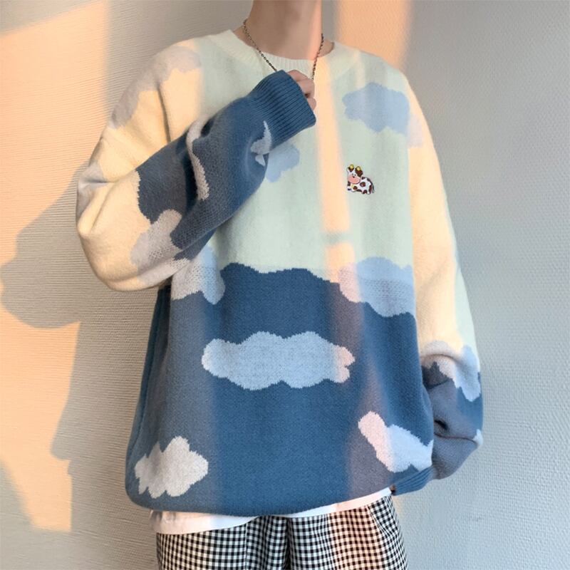 [Tokimi Series] ★Sweater★ 2color Knit Tops Unisex Men's Cloud Cow Blue Blue Color Scheme Cute