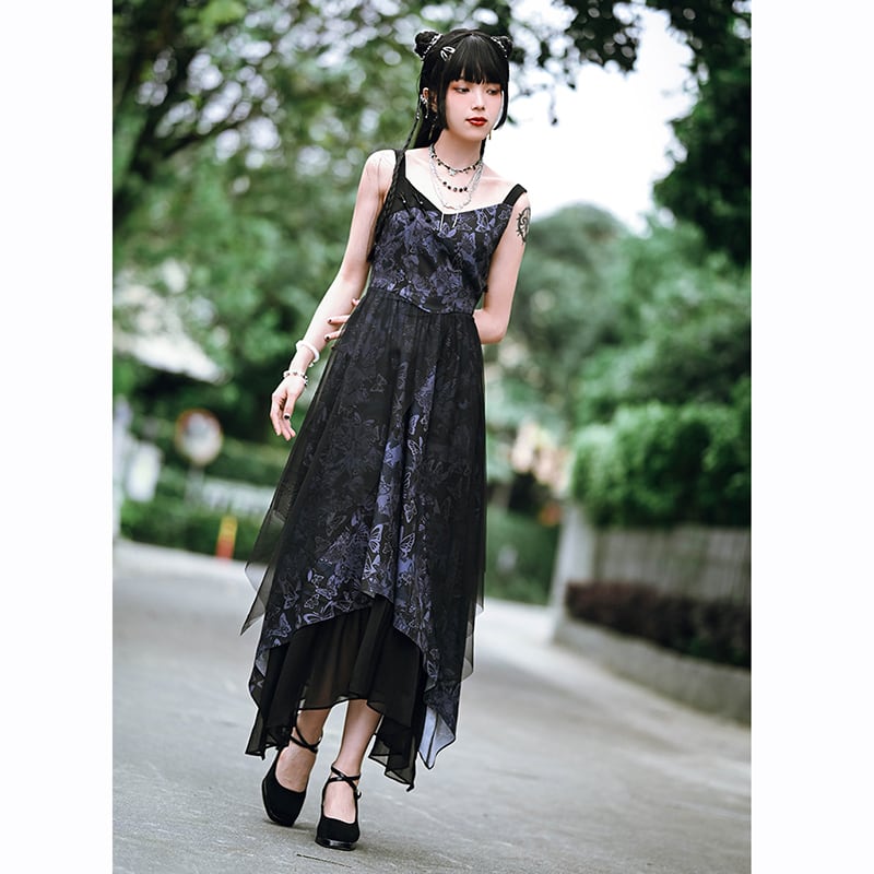 [Ancient monster house --- Butterfly series] ★China style dress★ Hanging dress Butterfly pattern print Long length Cute