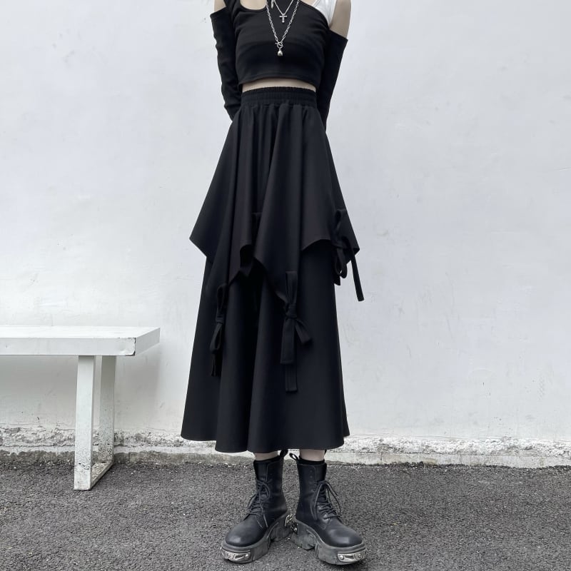 [Miyakoya Series]★Skirt★ Bottoms Irregular Asymmetrical Unique Harajuku style Easy to match Slimming Elastic waist Black Black